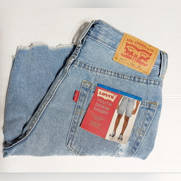 Distressed Levi Cut Off Design Denim Shorts Size Boys 12 Adjustable Waist - Picture 1 of 12